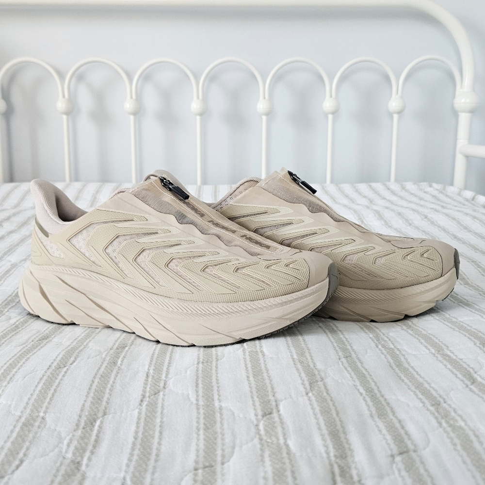 NWOT | HOKA ONE ONE Project Clifton Zip-Up Sneakers in 'Shifting Sand Dune'